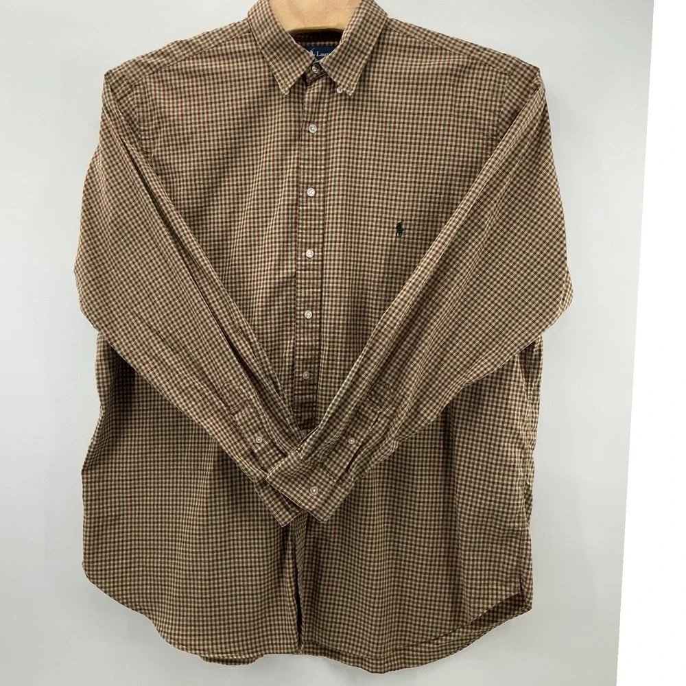Ralph Lauren‎ Mens 2XLT Tall Classic Fit Gingham Check Button Down Shirt Brown